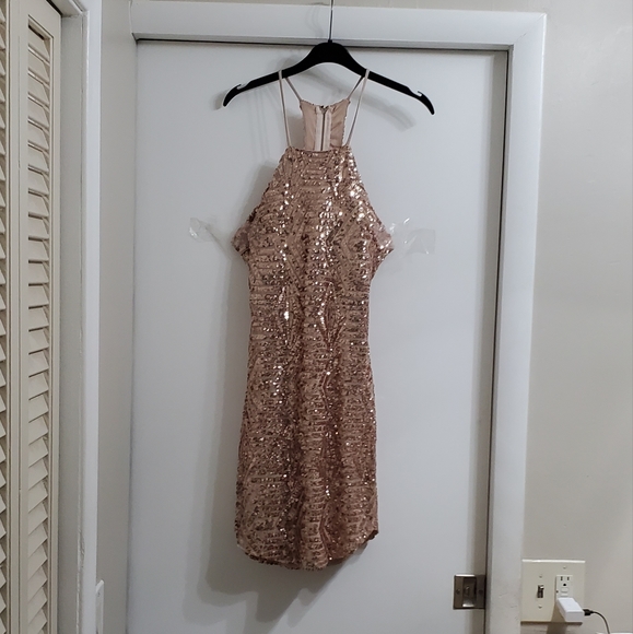 Golden Champagne Sequined Glitter Cutout Evening Mini Dress 👗 - Picture 14 of 15